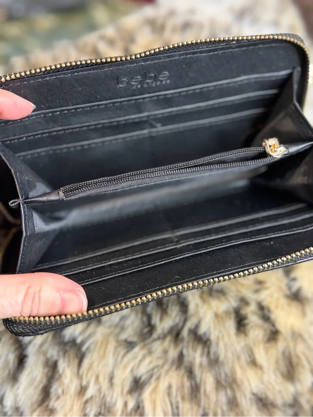 bebe Black Quilted Zip Wallet with Gold Logo Plaque #1329